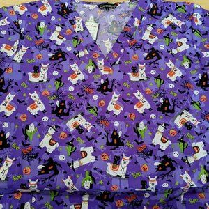 Divine Curves Halloween Purple Llama Women's 3XL Buttery Soft Scrub Top NEW